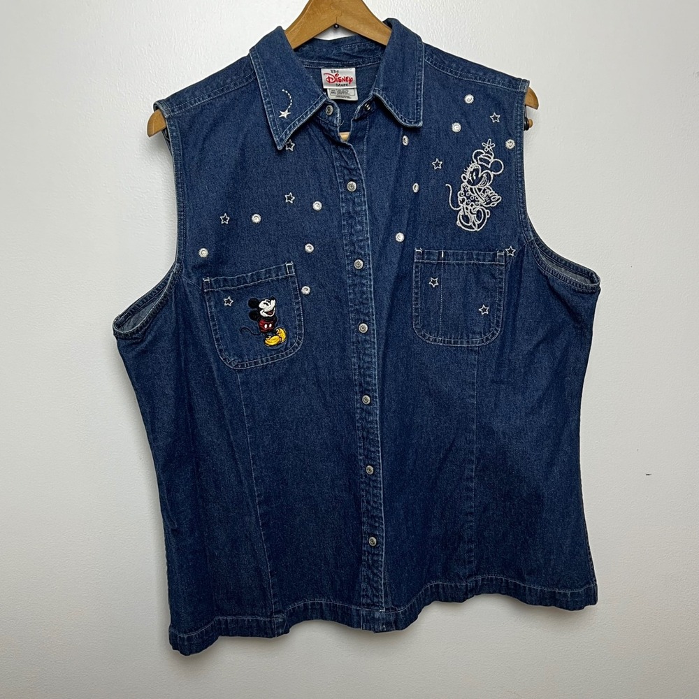 Vintage Disney Mickey Minnie Mouse Embroidered Jean Sleeveless Shirt Vest‎ XXL